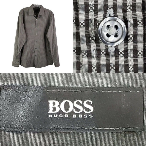 BOSS Hugo Boss Large Black White Gingham Plaid Button Down Shirt Long Sleeve